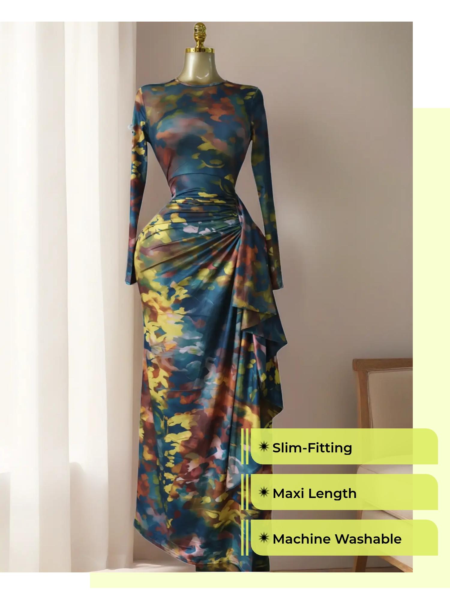 PULKRITU Elegant Feminine Women's Printed O-Neck Long Sleeve Ruffled Satin Belted Long Prom Dress, Club Sexy Evening Party Outfit Gown, Formal Wear, Female Fashion Music Festival Dress,Romantic Lady Skirt,Graduation Season Dress