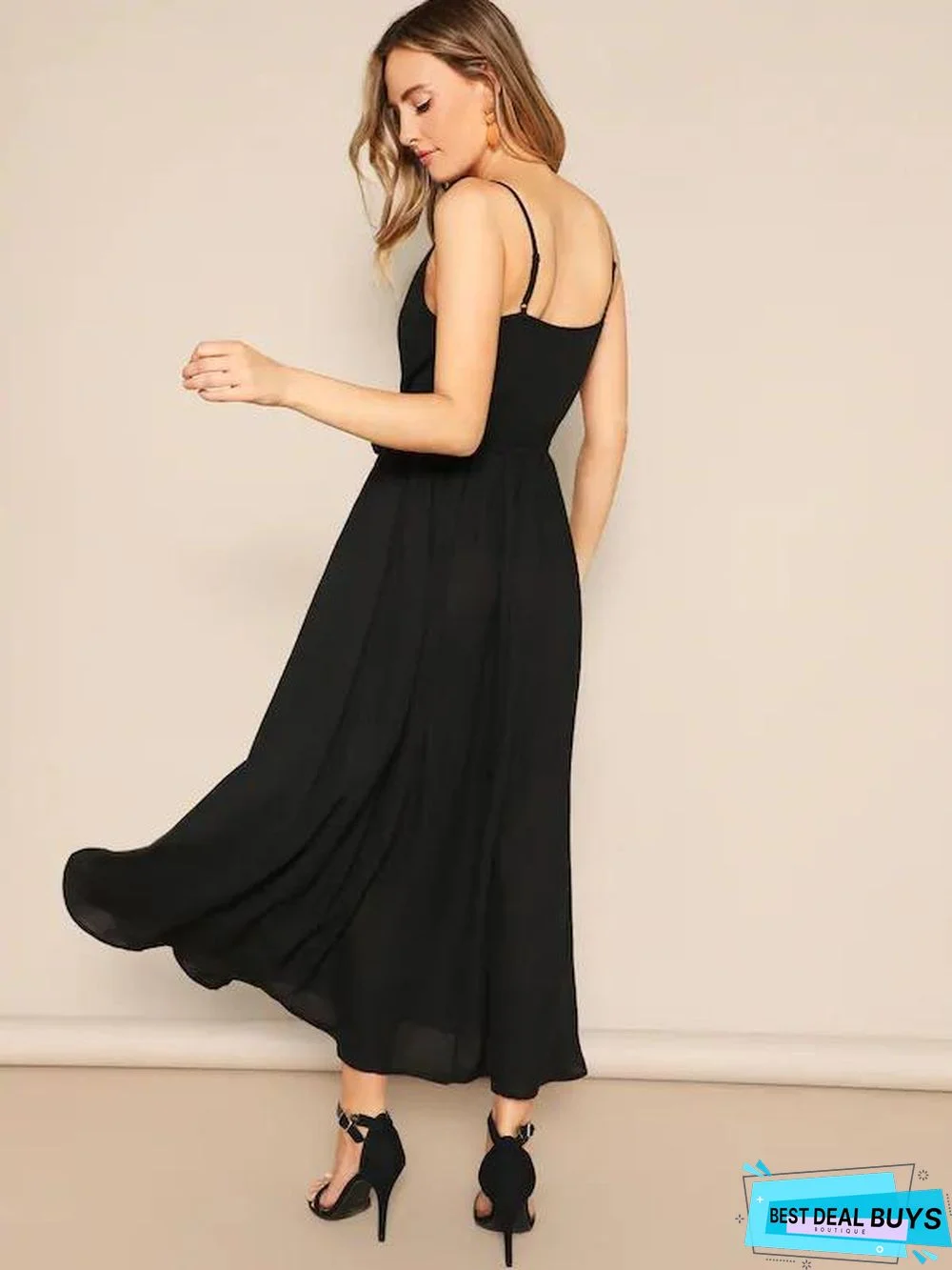 Plunging Neck Eyelash Lace Trim Belted Cami Dress