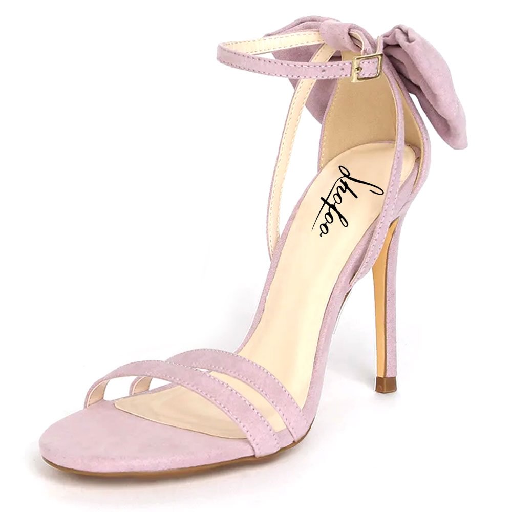 Full Pink Almond Toe Stiletto Heels Suede Back Bow Ankle Strap Sandals Nicepairs