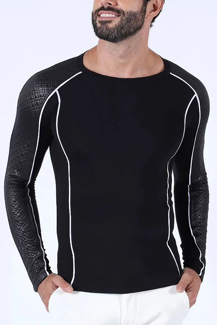 PU Leather Patchwork Stretchy Slim Fit Top [Pre-Order]