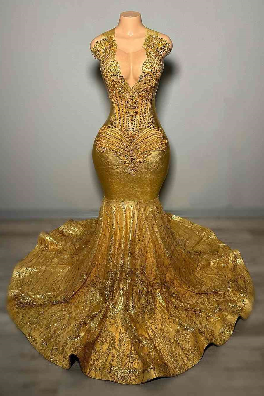 Bellasprom Gold Sleeveless Sequins Mermaid Prom Dress Long With Beadings Bellasprom