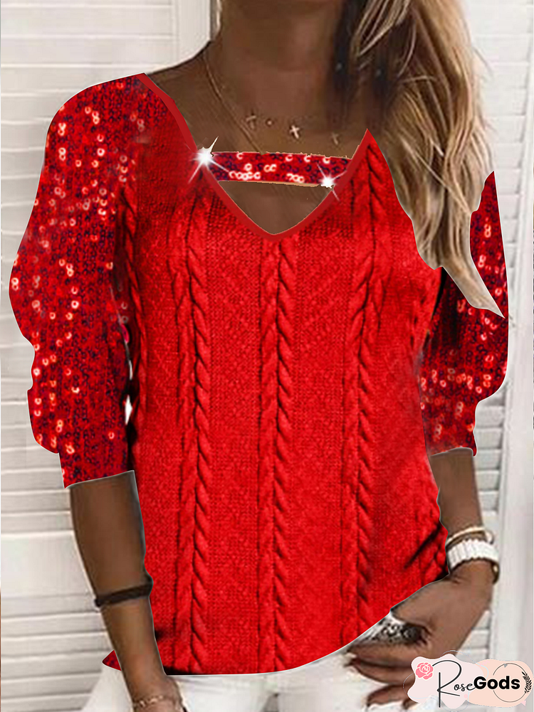 Long Sleeve V-Neck Plain Twist Fabric Stitching Sequin Anti Pricking Double-Layer Design Gorgeous Party Holiday Top Plus Size