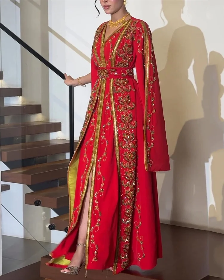 Women's V-neck embroidered sequined kaftan Dress