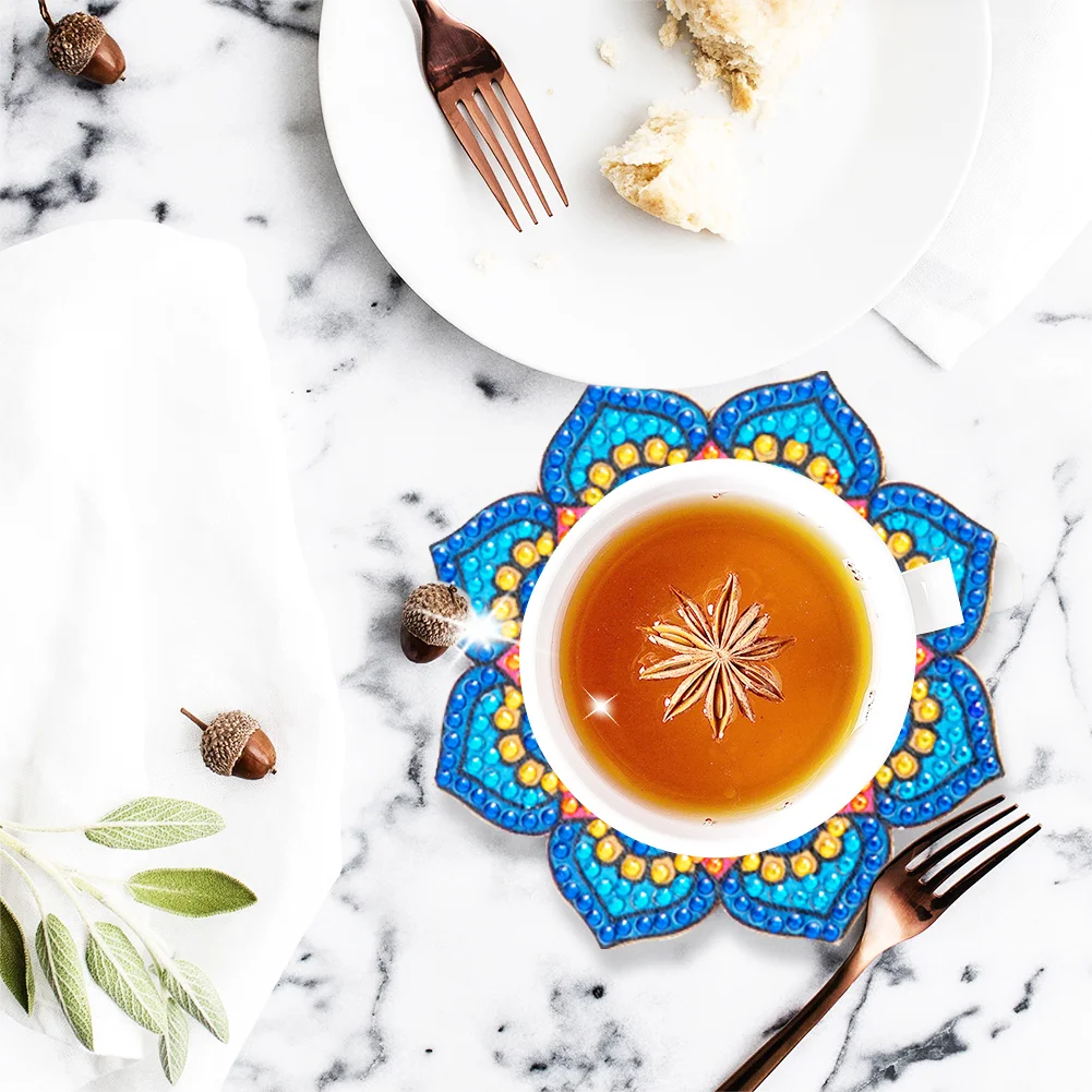 6pcs Datura DIY Diamonds Painting Coaster Woodiness with Rack Cup Pad Decor