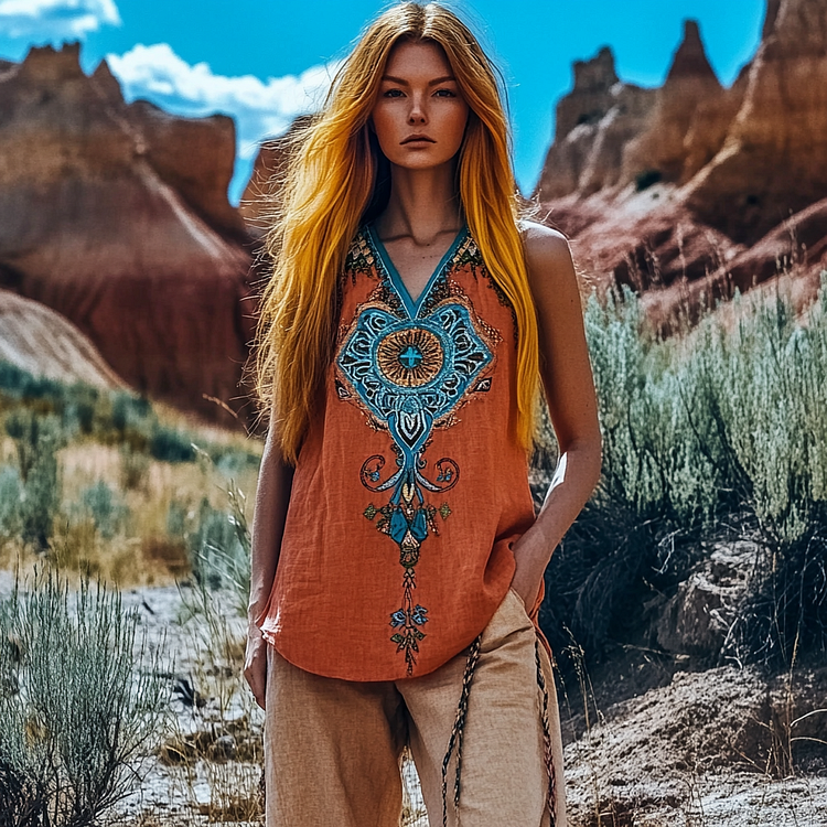 Lunivibe Vintage Tribal Dreamcatcher Embroidered Women's Linen T-shirt