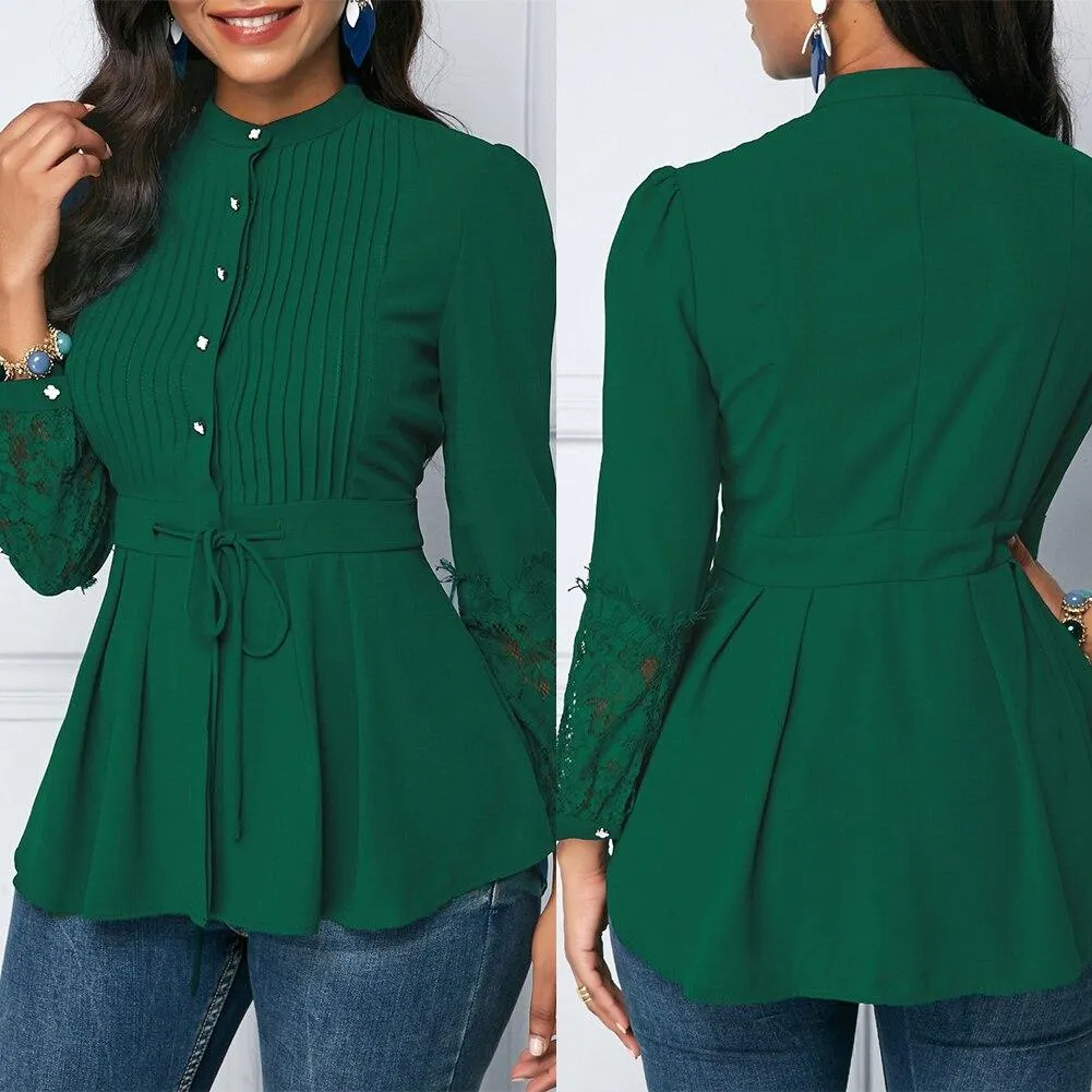 Office Lady Plus Size Stand Collar Lace Stitching Cuff Waist Drawstring Shirt Solid color shirt decorated lace stitching cuff