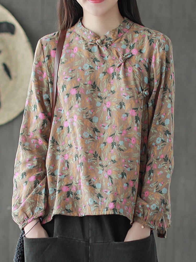 Chinese Style Print Floral Loose Long sleeved Cotton T shirt P1608181