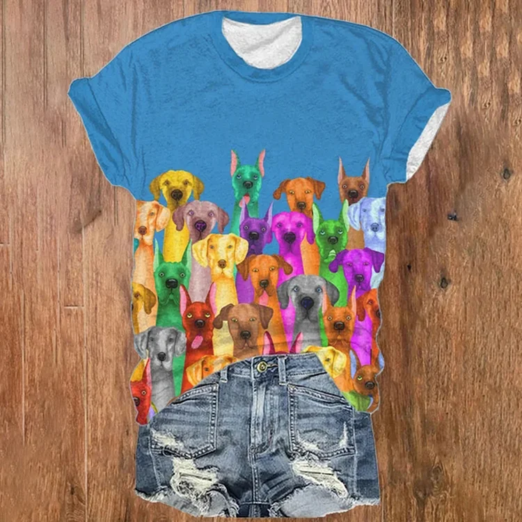 Colored Dog Printed Crew Neck T-Shirt
