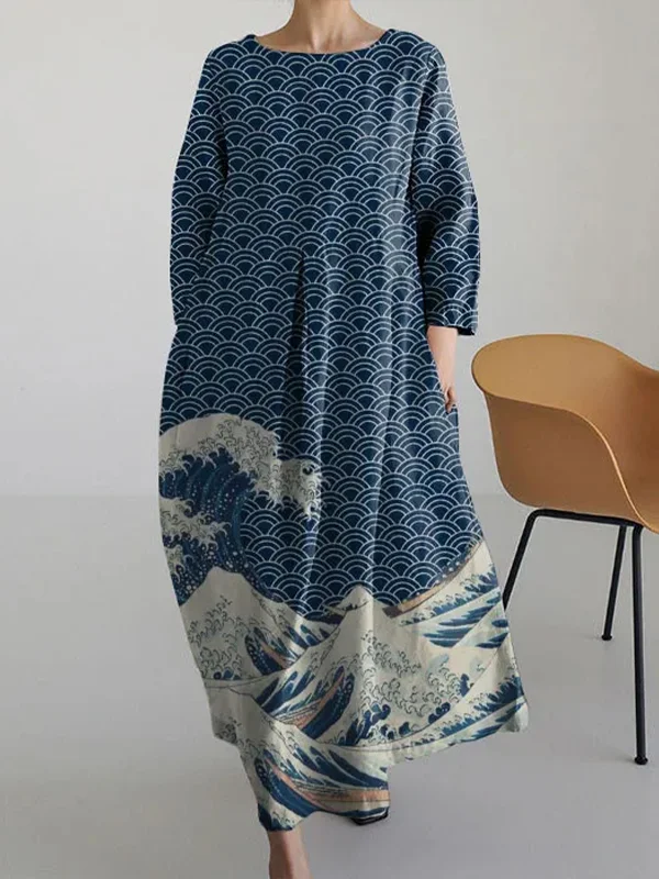Women's Japanese Art Waves Print Long Sleeve Maxi Dress