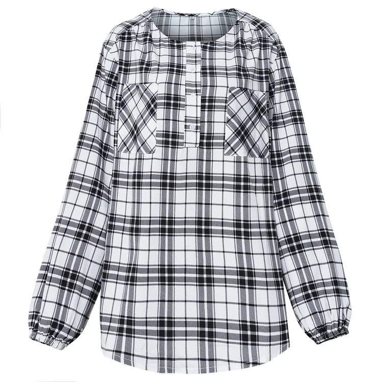 Women's Shirt Crew Neck Loose Plaid Puff Sleeve Check Shirt