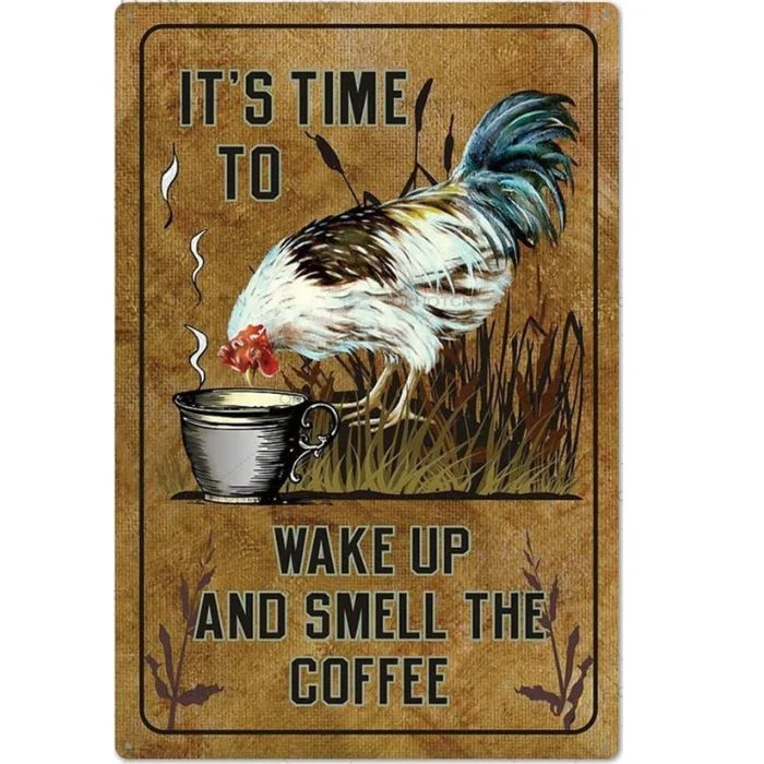 Poulet il est temps de se réveiller et de sentir le café - plaque en bois et panneaux en étain vintage - 7.9x11.8 / 11.8x15.7inch
