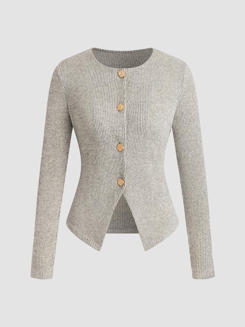 Women's Casual Elegant Ribbed Knit Button Long Sleeve Top, Fitted Plain Design, All Season Wear, Moderate Fabric Thickness