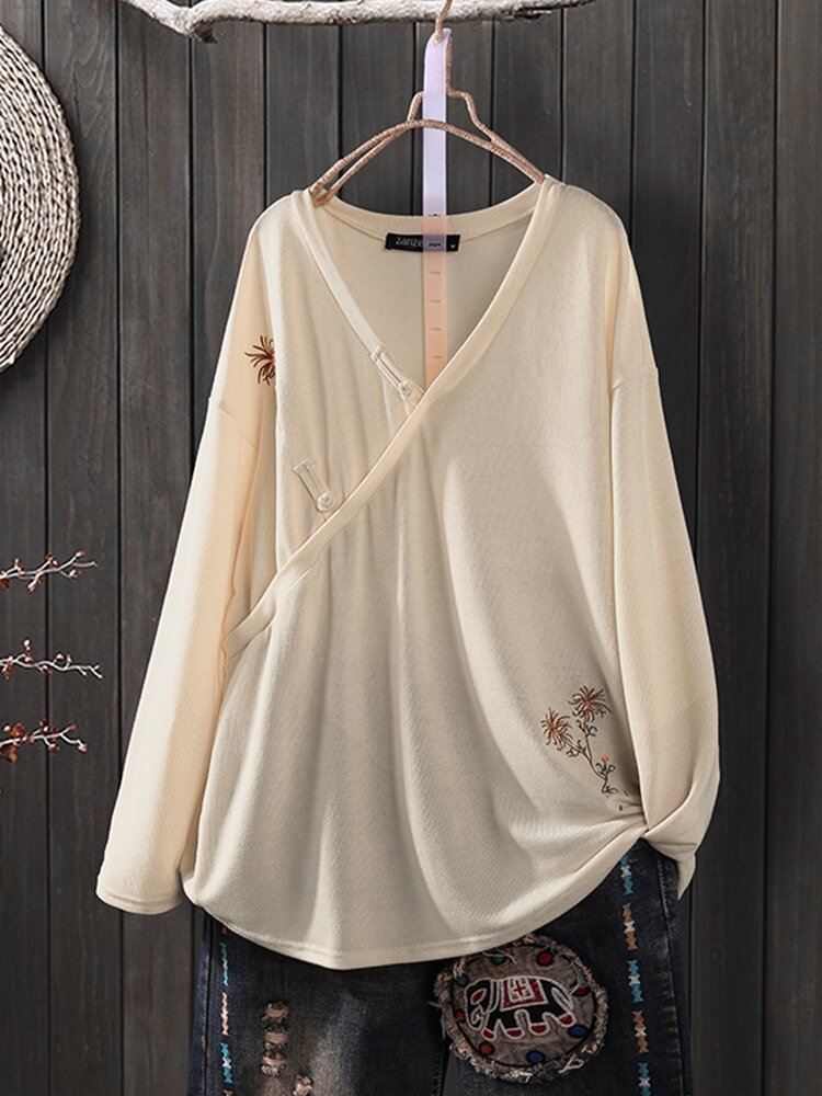 Frog Button Embroidered Long Sleeve Blouse For Women P1603312