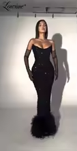 Daisda Black Strapless Long Prom Dress Sleeveless with Sequins 