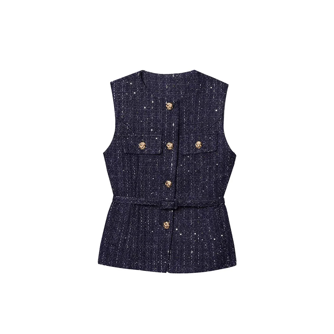 Nigikala Nigikala Spring New Women's Wear With Belt Metallic Wire Texture Vest Women 2132116