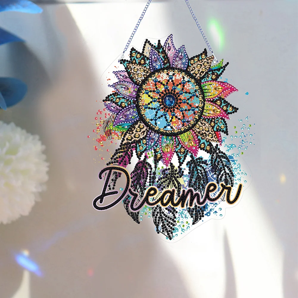 DIY Flower Dreamcatcher Acrylic Single-Sided Diamond Painting Hanging Pendant for Home Wall Decor 