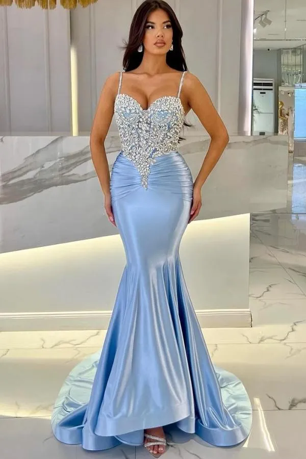 Lussooy Elegant Blue Spaghetti Strap Sleeveless Prom Dress with Sequins 