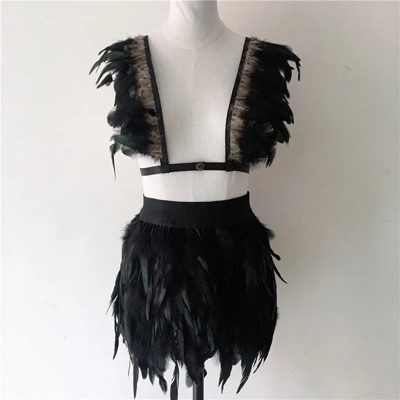 Gothic Faux Feather Two Piece Set Women Sexy Cardigan Crop Top Feathers Mini Skirt 2 Piece Outfits Rave Party Club Matching Sets