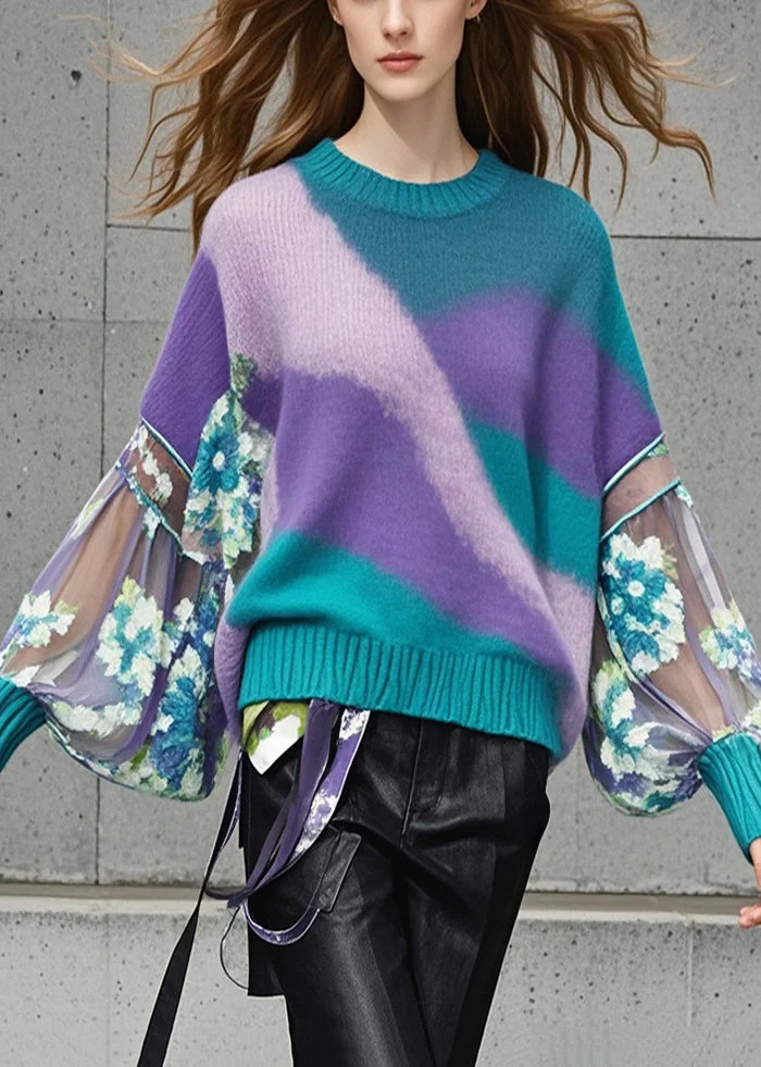 Art Tie Dye Patchwork Print Sweater Tops Lantern Sleeve