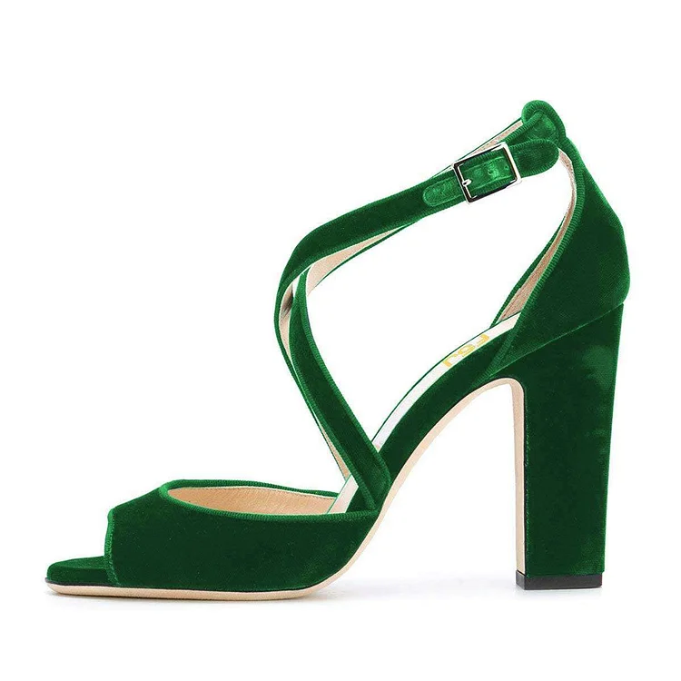 Green Velvet Chunky Heel Peep Toe Cross Over Sandals Vdcoo