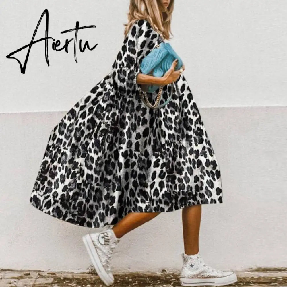 Casual Female Leopard Party Baggy Dress Elegant Print  Dress Women Long Midi Dress Autumn Summer Sundress Long Sleeve Robe Aiertu