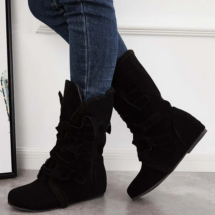 Warm Fur Mid Calf Snow Boots Wide Calf Hidden Wedge Boots