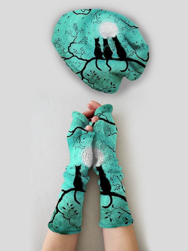 Vintage cat print knitted hat + fingerless gloves set
