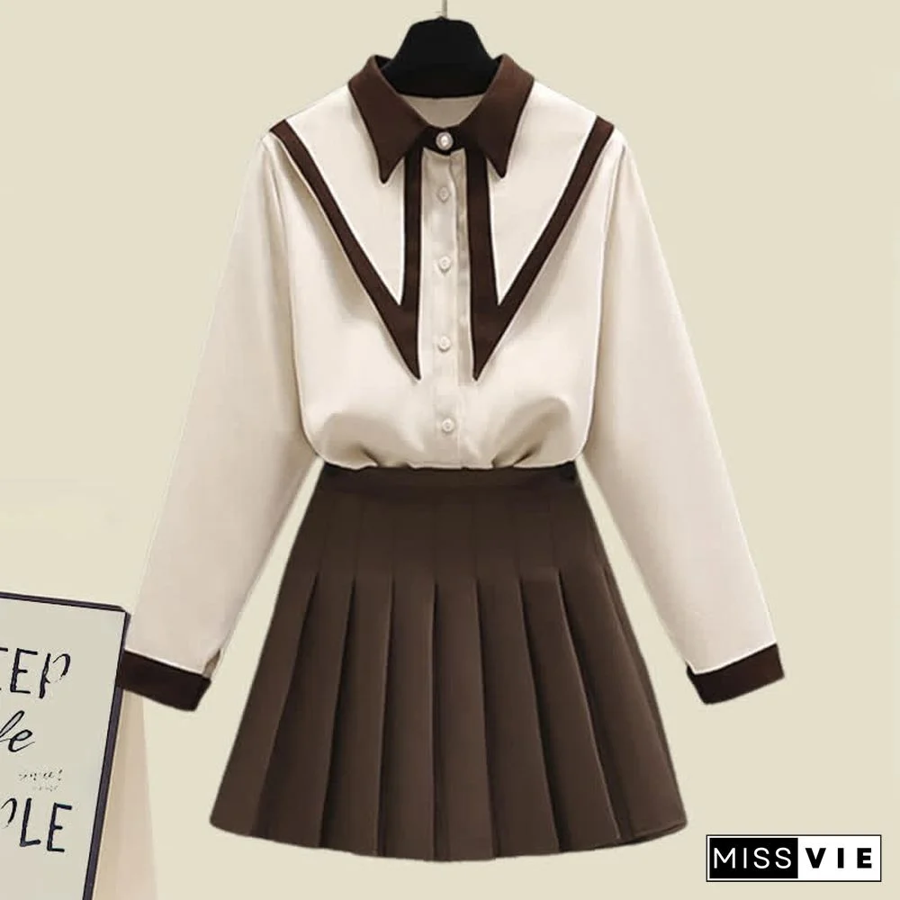 Lapel Shirt Pleated Skirt Two Piece Set