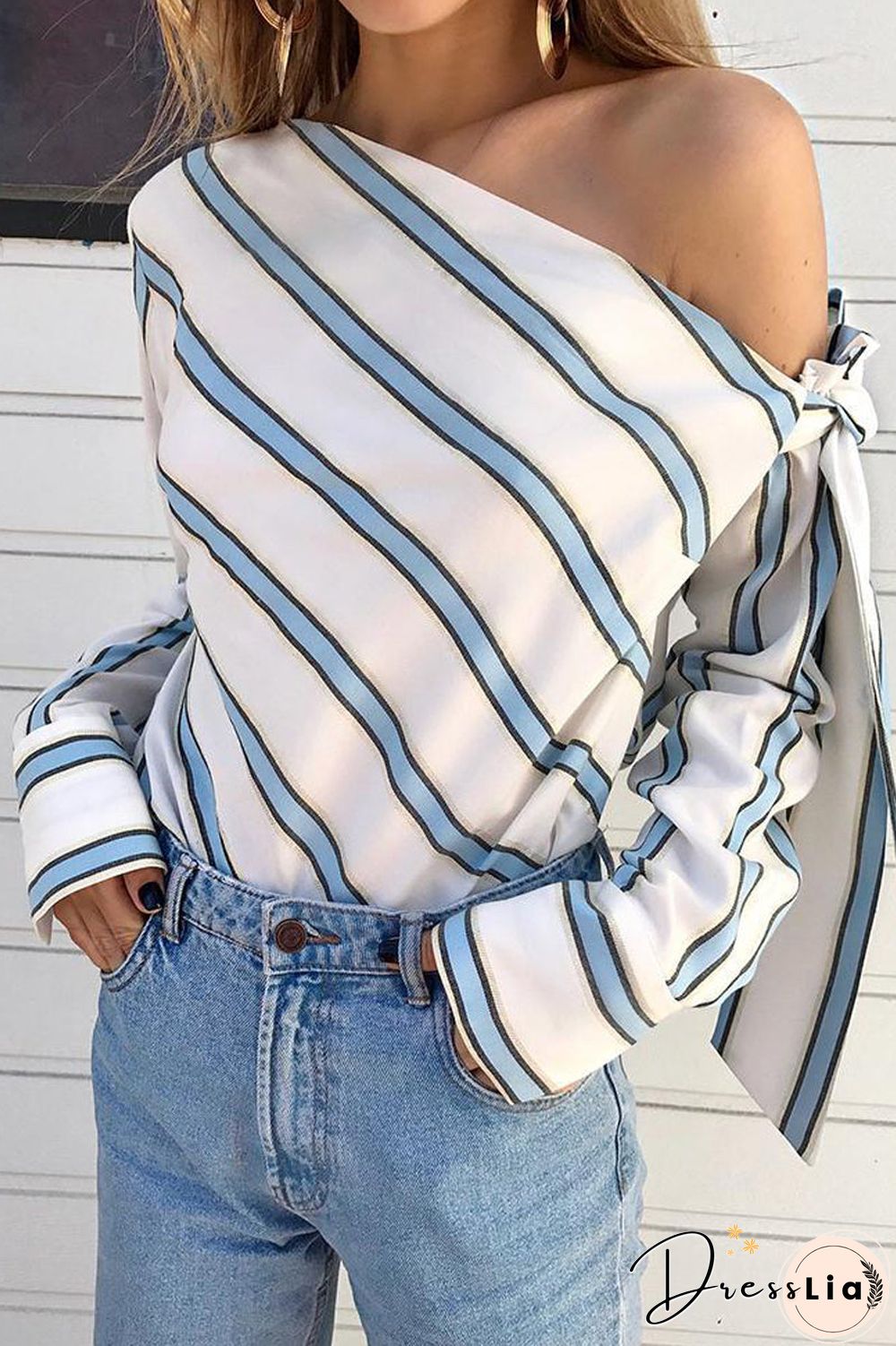 Striped Skew Neck Tie Up Blouse