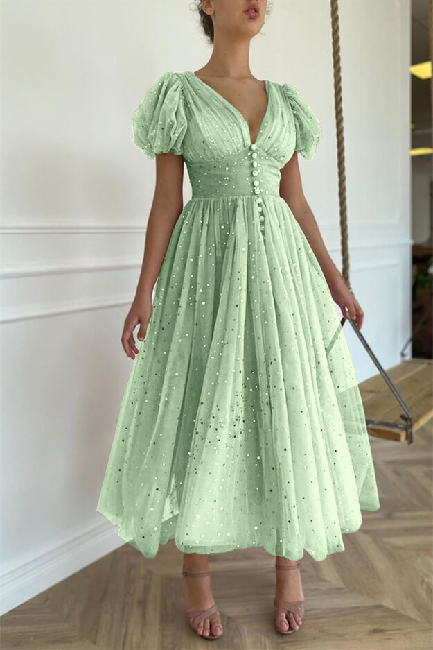 Miabel Elegant Pink V-Neck Short Sleeves Prom Dress With Sequins Taupe