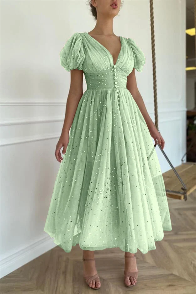 Miabel Elegant Pink V-Neck Short Sleeves Prom Dress With Sequins Taupe