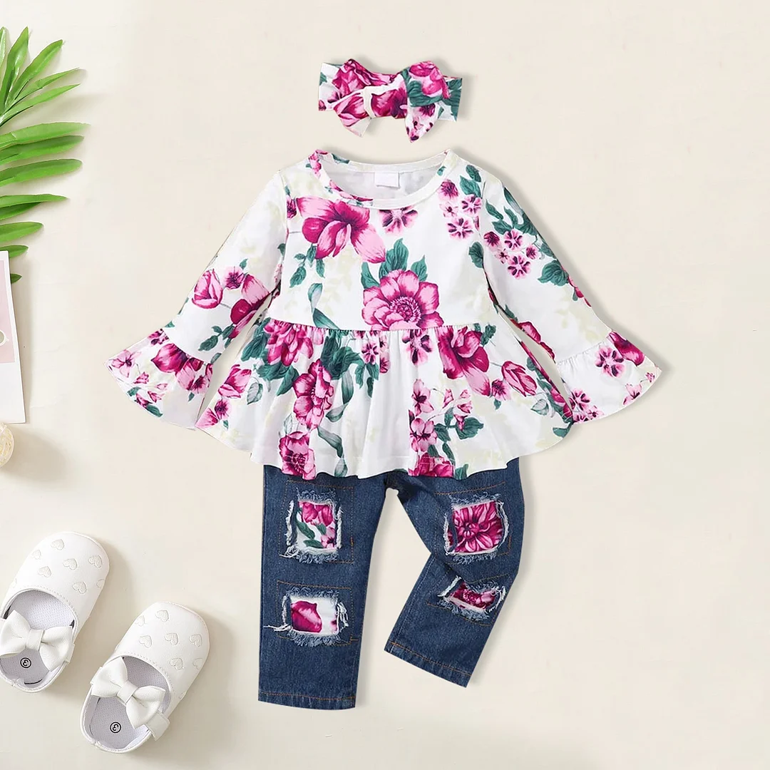 3PCS Pretty Floral Printed Long Sleeve Baby Set