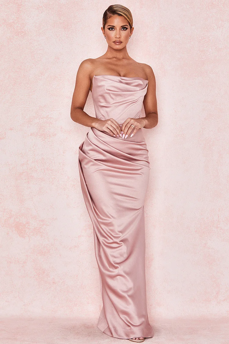 Evening Gown Pink Satin Strapless Fold Slit Maxi Dress