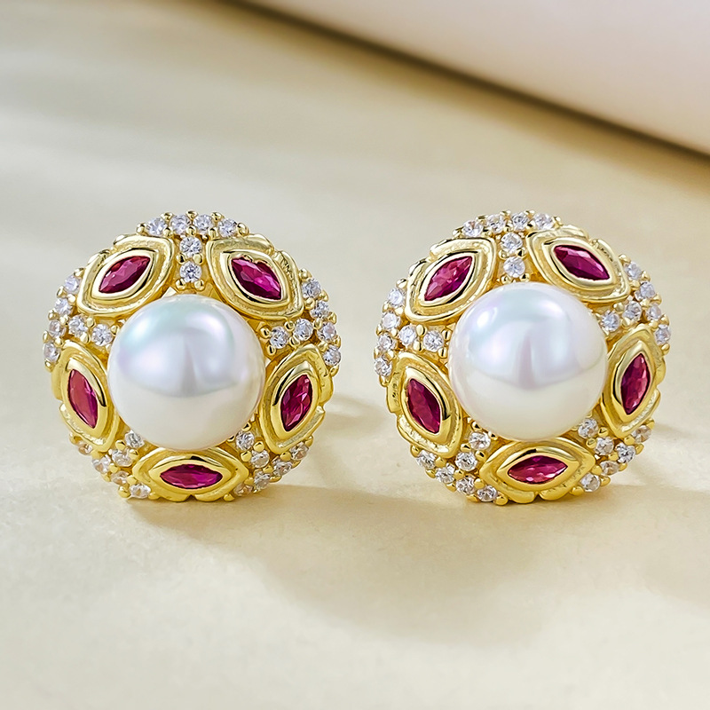 MIKAMU S925 Silver 7mm Pearl Stud Earrings with Ruby and White Diamonds