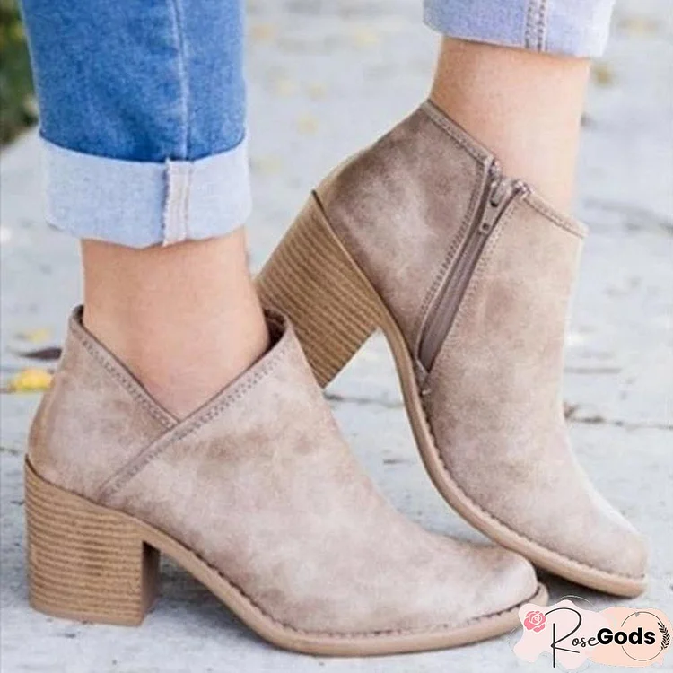 Women Shoes Retro High Heel Ankle Boots Female Block Mid Heels Casual Boots