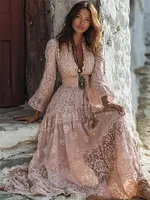 Boho Floral Lace Art Flowy Linen Maxi Dress