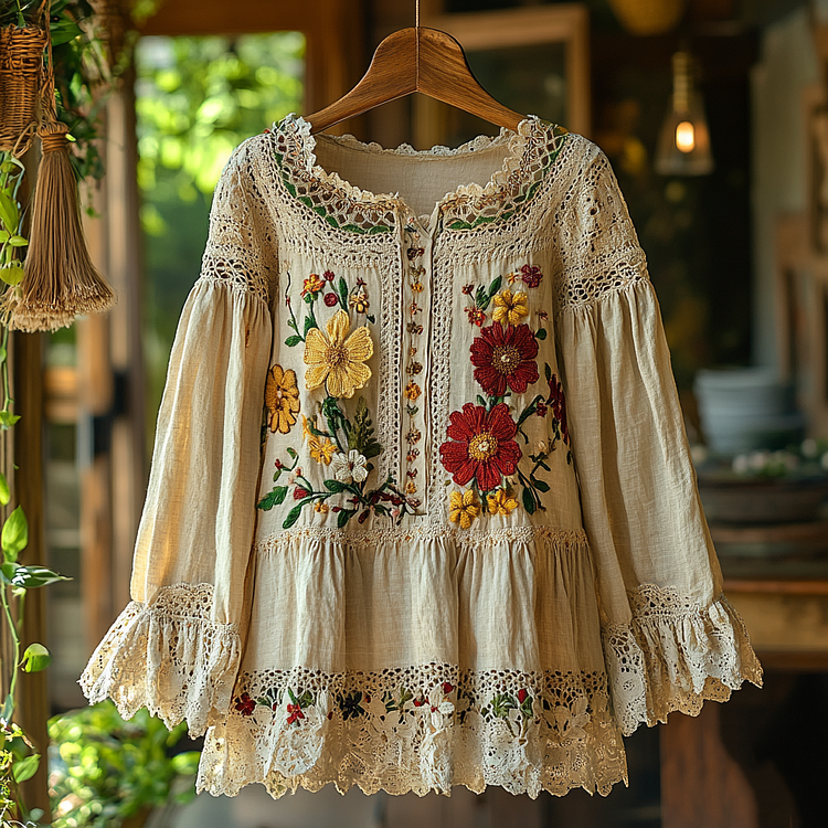 Lunivibe Women's Vintage Embroidered Floral Lace Art Loose Blouse