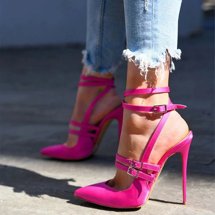 Fuchsia Satin Pointed Toe Buckled Strappy High Heel Shoes |FSJ Shoes