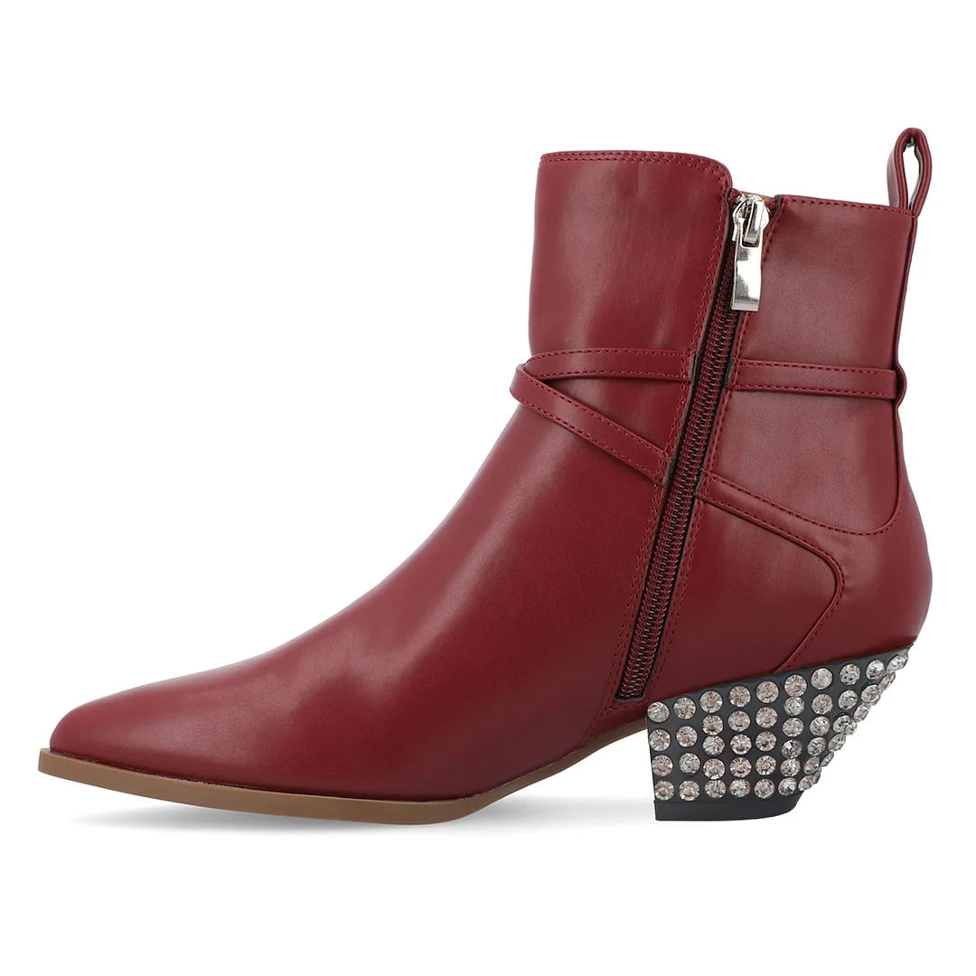 Vegan Leather Side-Zip Decorative Heel Buckle Strap Maroon Ankle Boots