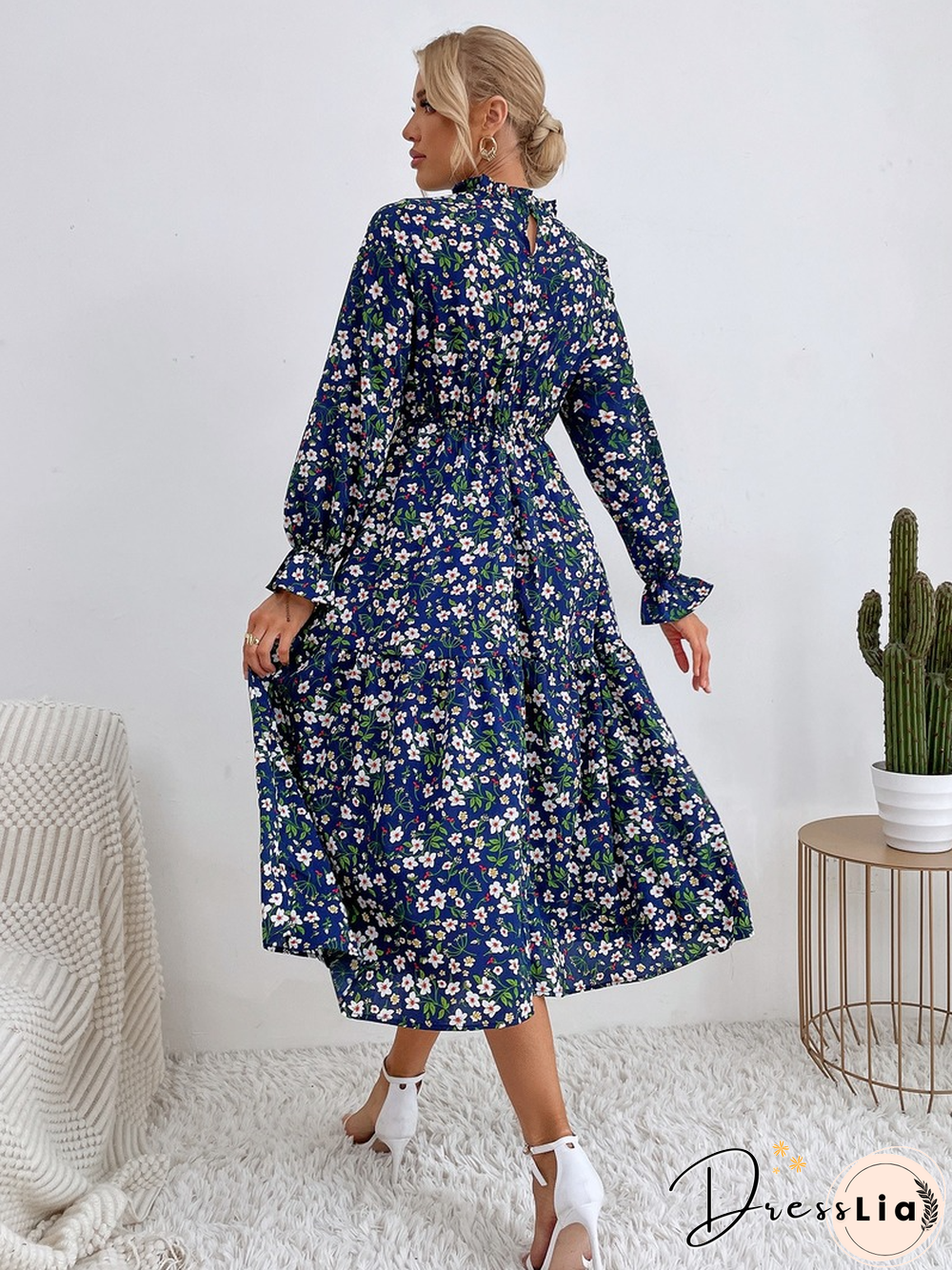Elegant Fashion Slim Floral Print Dress Women Spring Dress New Casual High Waist Sexy Full Flared Sleeve Midi A-line Dress