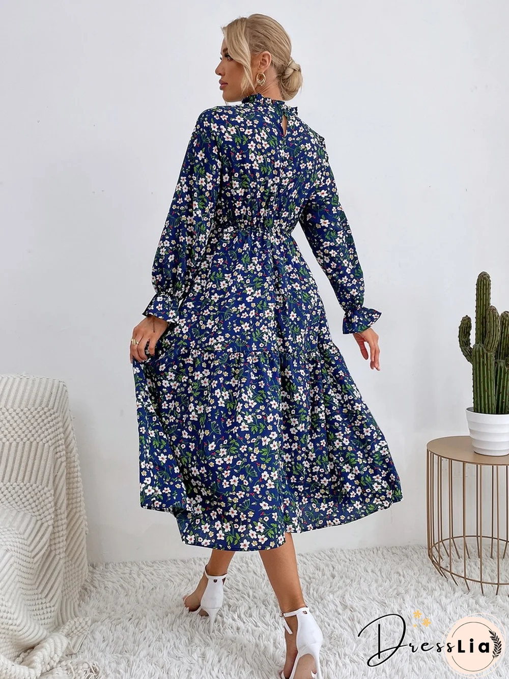 Elegant Fashion Slim Floral Print Dress Women Spring Dress New Casual High Waist Sexy Full Flared Sleeve Midi A-line Dress