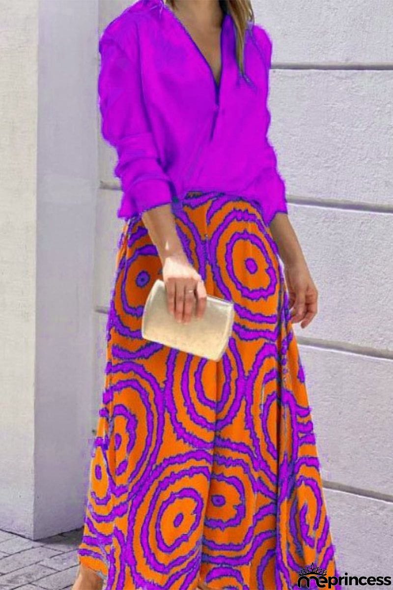 Elegant Print Printing V Neck Long Sleeve Two Pieces