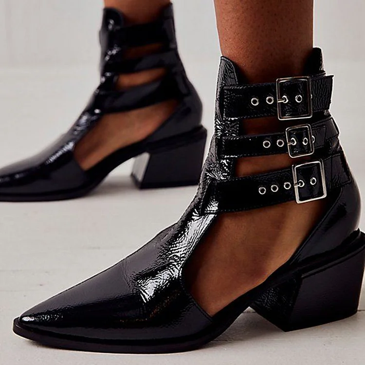 Black Pointy Buckle Shoes Women's Hollow Out Block Heels Vintage Ankle Boots |FSJ Shoes