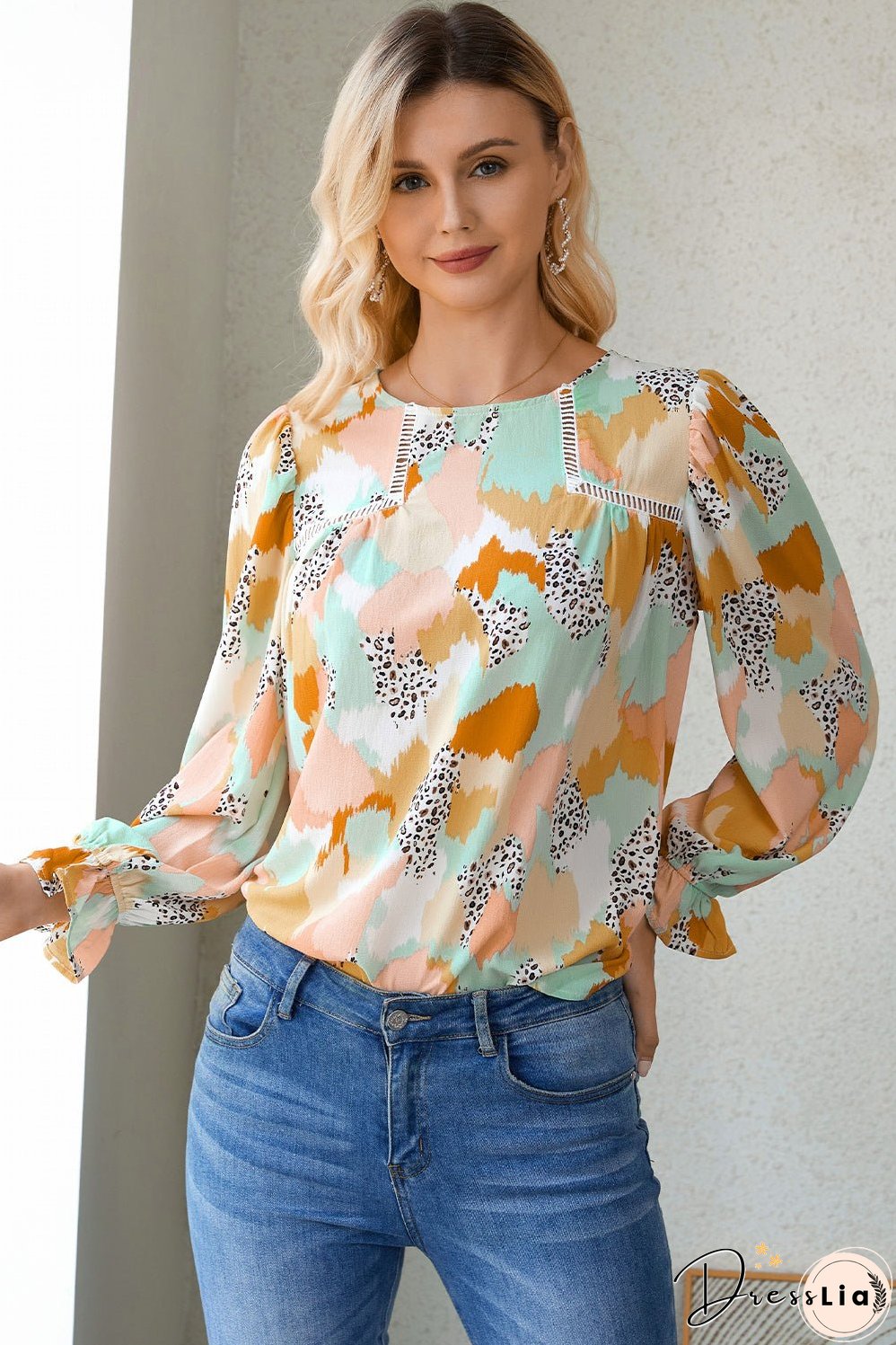 Printed Flounce Sleeve Buttoned Blouse