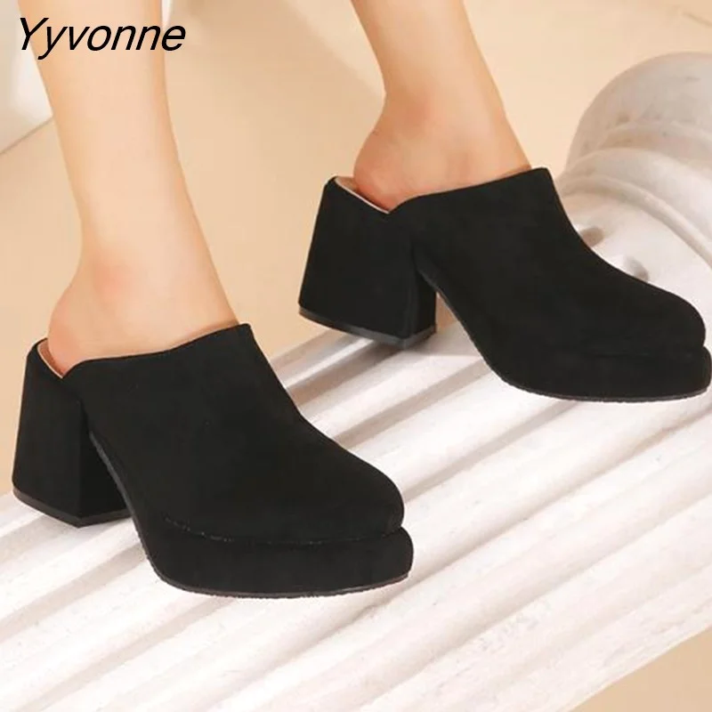 Yyvonne heel Shoes Lady Big Size Woman's Slippers Flock Heeled Mules Slides Low Block Girl 2023 High Fabric Rome Scandals Basic R