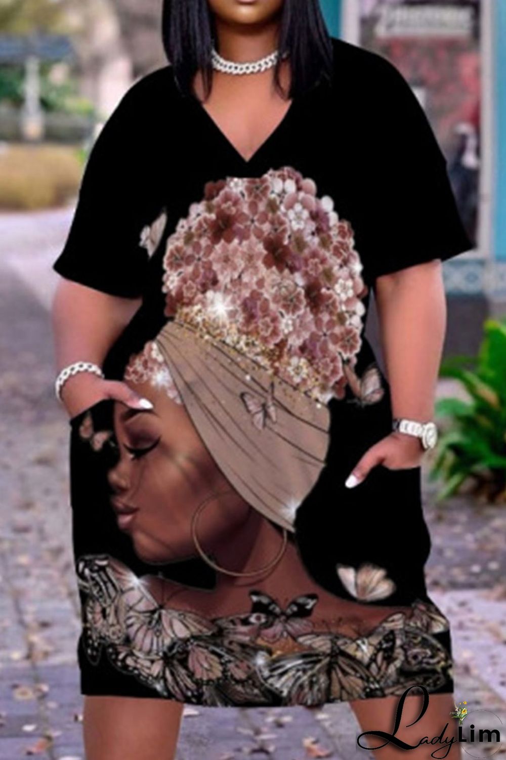 Black Casual Print Patchwork V Neck Straight Dresses