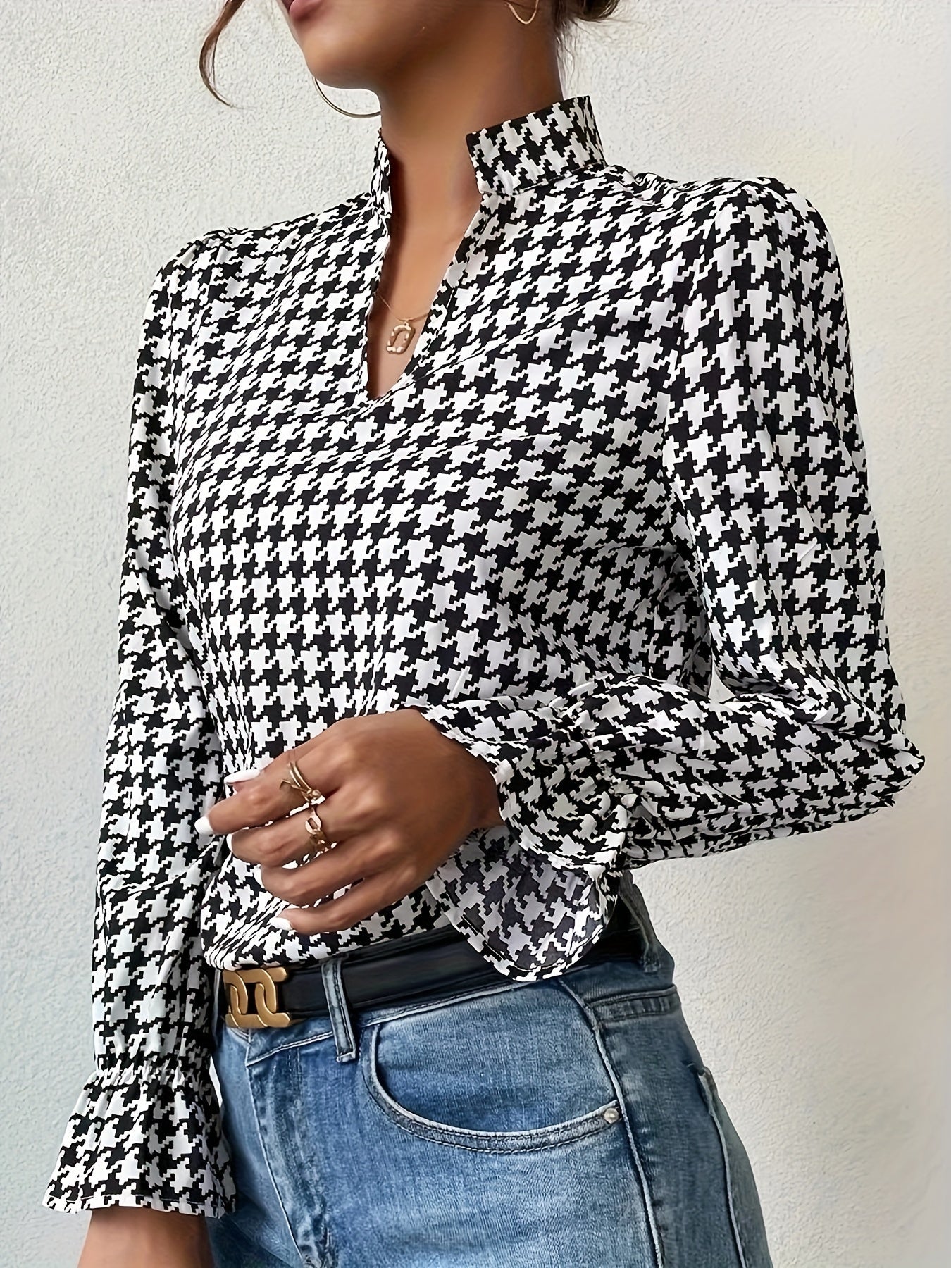 Women's Houndstooth Blouse &ndash; Notch Neck Ruffle Lantern Sleeves &ndash; view 2