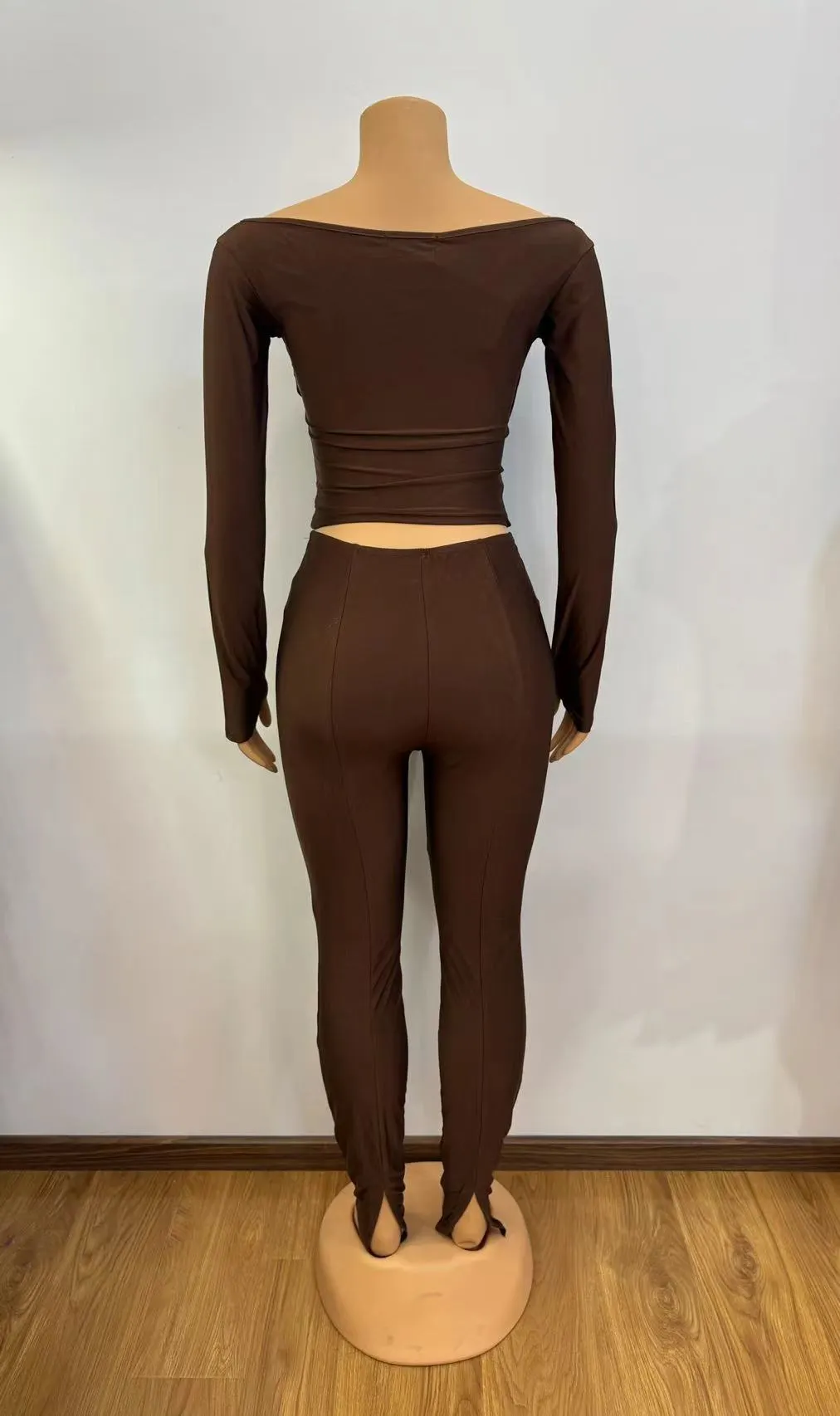 Women Solid v-neck sexy long-sleeved Top And trousers two-piece set