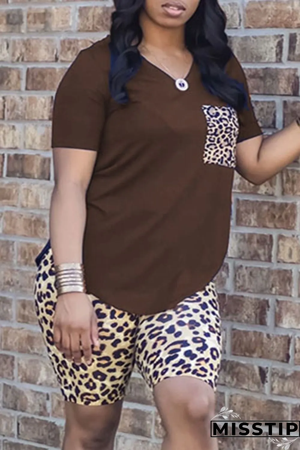 Pink Fashion Casual Leopard Printing V Neck Short Sleeve Two Pieces