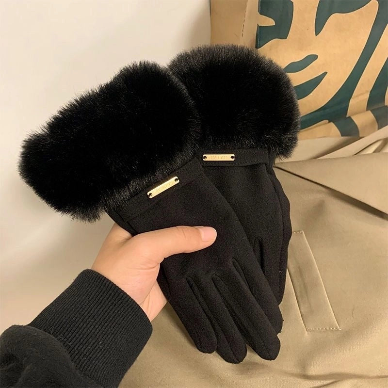 De Fluff Mouth Women’s Gloves Warm Windproof Riding Fleece-lined Thickened Outdoor Winter Finger Gloves